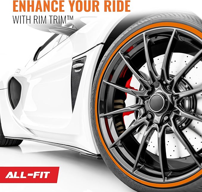All-Fit Automotive Rim Trim – Durable DIY Car Exterior Accessories for Curb Rash Protection – Fits Up to Four 24” Wheels – Flexible, Durable Wheel Rim Protector (3/8″ width/Orange)