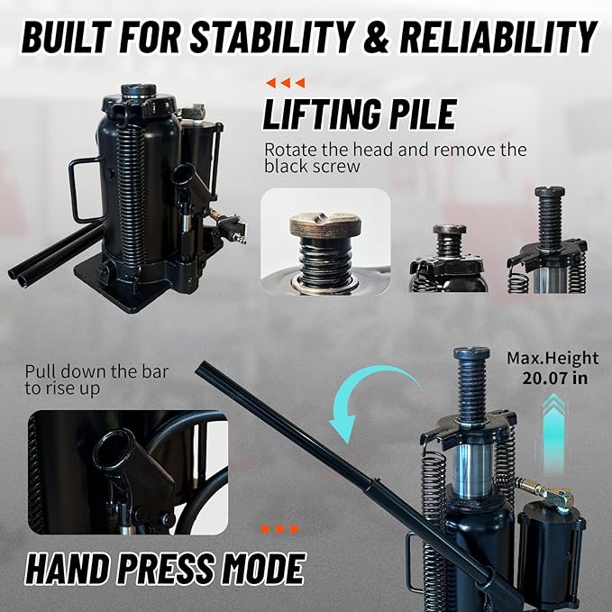 20 Ton Low Profile Air Hydraulic Bottle Jack with Air-Powered or Manual Operation, One-Piece Hydraulic Cylinder Design, Air Bottle Jack with Independent Air Pump Body and Carry Handle