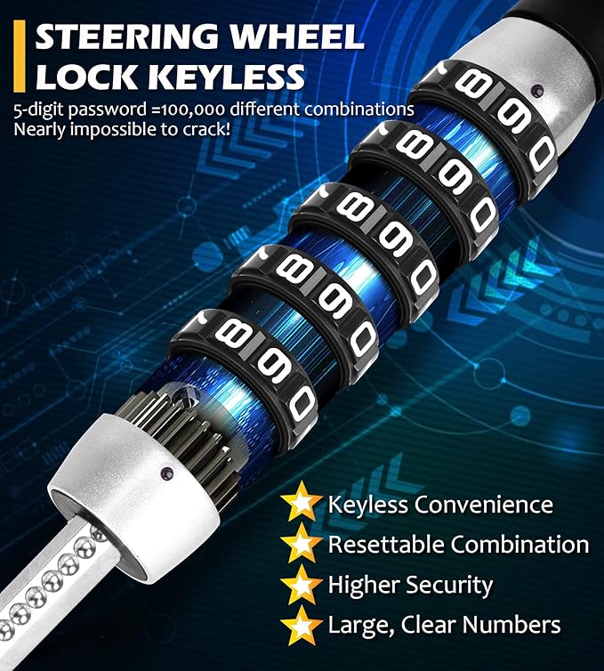 Tevlaphee Steering Wheel Lock, Car Lock Anti Theft Keyless Extendable Retractable Password 5 Coded Combination Lock, Heavy Duty Universal Fit (Black)