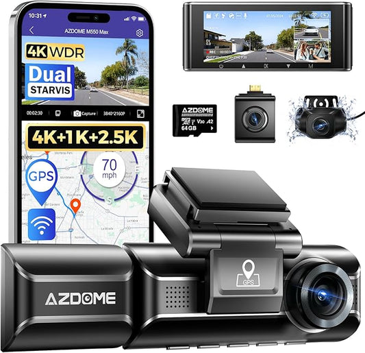 AZDOME M550 Max 4K 3 Channel Dash Cam, Dual STARVIS Sensors, 4K+2.5K+1080P Front and Rear Inside Triple Car Camera, Built-in WiFi GPS, 64GB Card Included, IR Night Vision, Ride Share Accessories