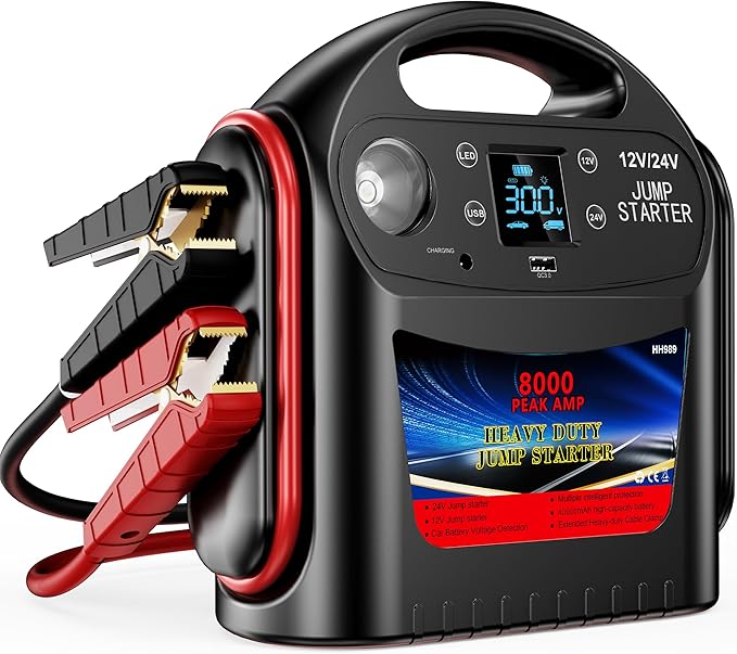 8000A 12V/24V Jump Starter for Large Gas & Diesel Engines, Heavy-Duty Portable Battery Booster Pack for Trucks, RVs & Commercial Vehicles with Force Start, Digital Display, LED Light & USB Charging