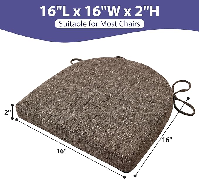 IPYNBAP Chair Cushions for Dining Chairs, Kitchen Chair Cushions, 16'' x 16'' x 2'', Non Slip Indoor Seat Cushions, Chair Pads for Dining Chairs with Ties & Removable Cover, Set of 2, Brown