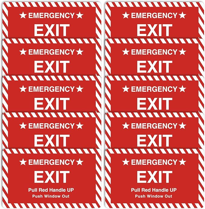 10 Pack 3X4" Car Vehicle School Bus Train Red Hanle Emergency Exit Notice Warning Caution Signs Decal Sticker-Pull Red Handle Up,Push Window Out red