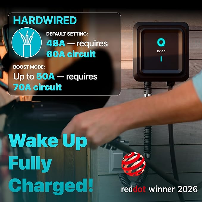 EVIQO Level 2 EV Charger, 48 Amp 240V, J1772 Charger for Non-Tesla EVs, 25ft Cable, WiFi (2.4GHz) Smart App, Weatherproof Indoor/Outdoor (IP66, NEMA 4), UL & ETL Certified, Hardwired, 11.5kW