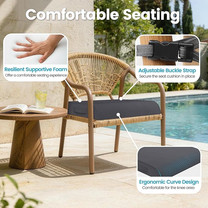 TasticTotes Patio Chair Cushions - Set of 2, Waterproof Outdoor Seat Cushions with Adjustable Straps and Handles, Fade-Resistant Chair Pads for Outdoor Furniture, Garden, Beach (22" x 22" x 3", Grey)