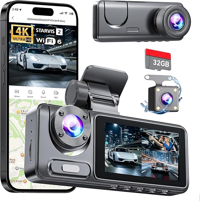 3 Channel Dash Cam Front and Rear Inside, Bulit a 32GB Card, Dash Camera for Cars,4K Full HD 2.0'' IPS Screen Dashcam with G-Sensor, IR Night Vision, WDR, Loop Recording, 24H Parking Mode