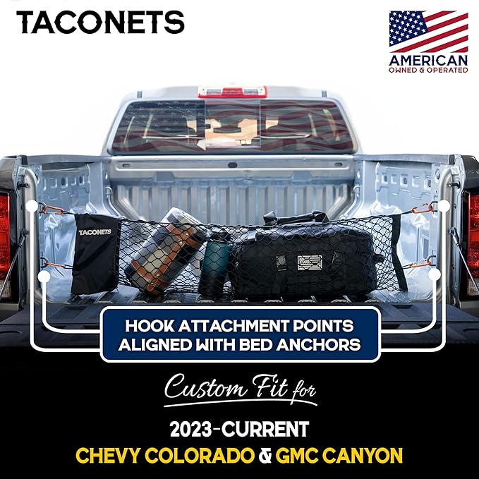 Envelope Cargo Net for Colorado/Canyon - Fits 2023-Current - Upgraded 5mm Bungee - Integrated Storage Bag - Heavy Duty Carabiners - Designed in USA