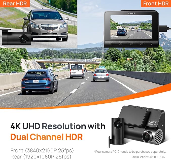 70mai 4K Dash Cam Front and Rear, 4K+1080P Dual STARVIS 2 Car Dash Camera for Cars, 4G LTE Remote Access, AI Motion Detection, WiFi 6, 5 GPS, 24H Parking Mode, HDR Night Vision, Voice Control, ADAS
