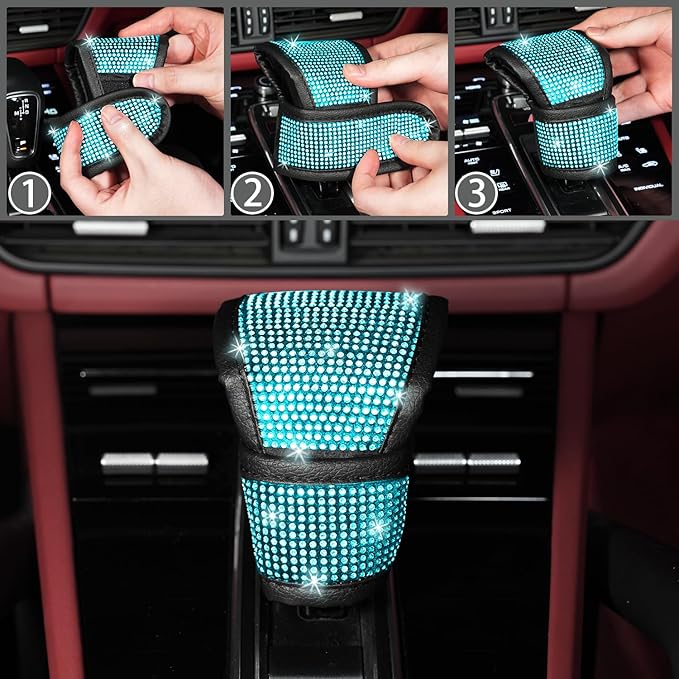 NBTEPEM 8 pcs Bling Car Accessories Set for Women, Steering Wheel Cover, Sparkly Seat Belt Covers, Bling Gear Shift Cover, Universal Fit Most Cars (Aquamarine Diamond)