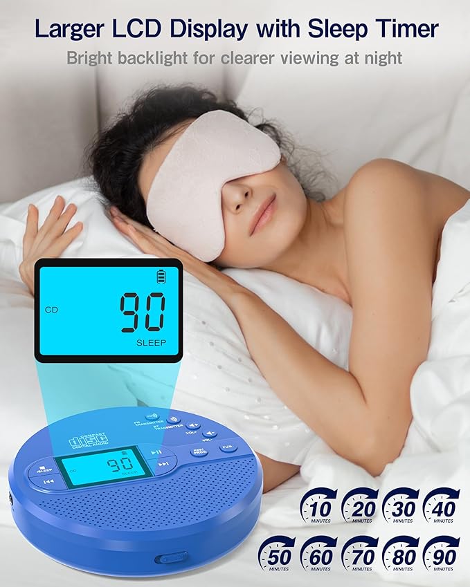 Sunoony Portable CD Player with Bluetooth, Disman CD Player for Car with FM Transmitter, Rechargeable Personal cd Player with Anti-Skip Protection, Headphones, AUX/USB Supported, LCD(Blue)