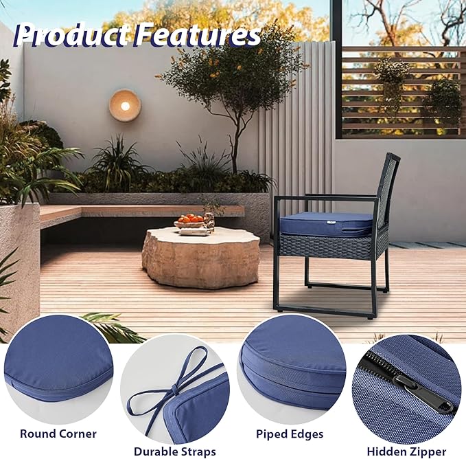 IPYNBAP Outdoor Chair Cushions Set of 4 -Waterproof Outdoor Seat Cushions for Patio Furniture, Patio Chair Cushion with Handle and Ties, Out Door Chair Pads,19x19x3-Round, Navy Blue
