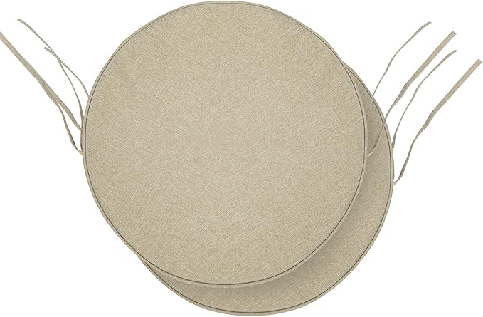 Outdoor Round Chair Cushions 15 Inch, Fade-Resistant & Water-Resistant, Bistro Chair Seat Pads for Porch Garden Balcony Patio Furniture Stools, Non-Slip Bottom, Set of 2, Natural