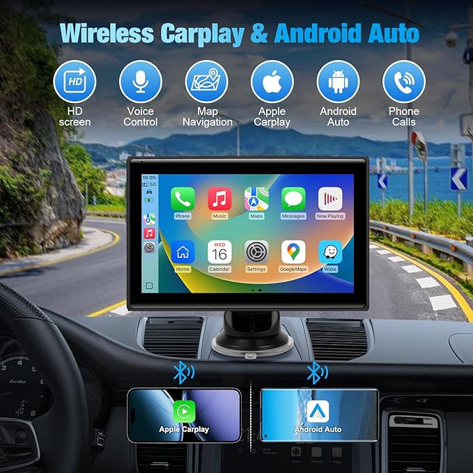 7" Portable Wireless CarPlay Screen for Car – Apple CarPlay & Android Auto, HD Touch Screen Car Stereo, Bluetooth, GPS Navigation, Voice Control, Plug-and-Play with FM/AUX/Mirror Link (Black)