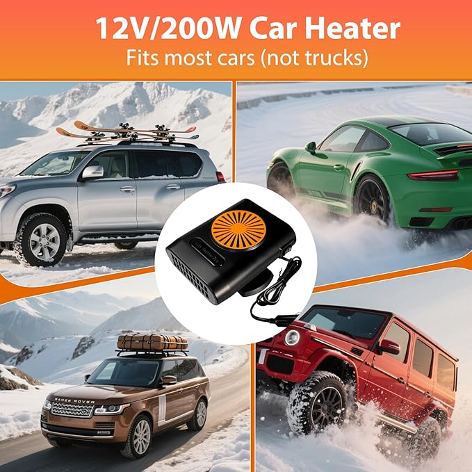 12V Car Heater,200W 2 in1 Automobile Windshield Heating Fan/Cooling Fan Car Defroster That Plugs Into Cigarette Lighter (Orange&Black)