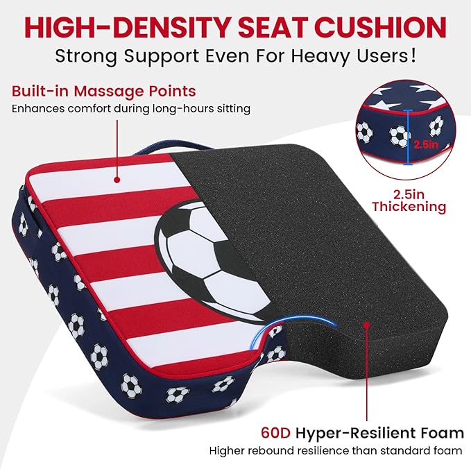 Stadium Seat Cushions 2 Pack - Portable Bleacher Cushions with 2.5-Inch Extra Thick High-Density Foam and Soccer Pattern