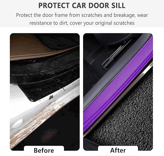 4PCS Car Door Sill Protector with Scraper,Carbon Fiber Car Door Protector Edge Guards for Front Rear Door Sills,Universal Anti-Scratch Car Door Threshold Strips (Purple)