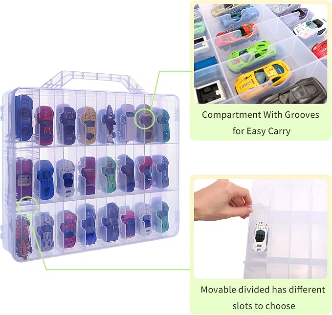 KISLANE Double Sided Toy Car & Doll Storage Case - 48 Compartments, Portable Transparent Case