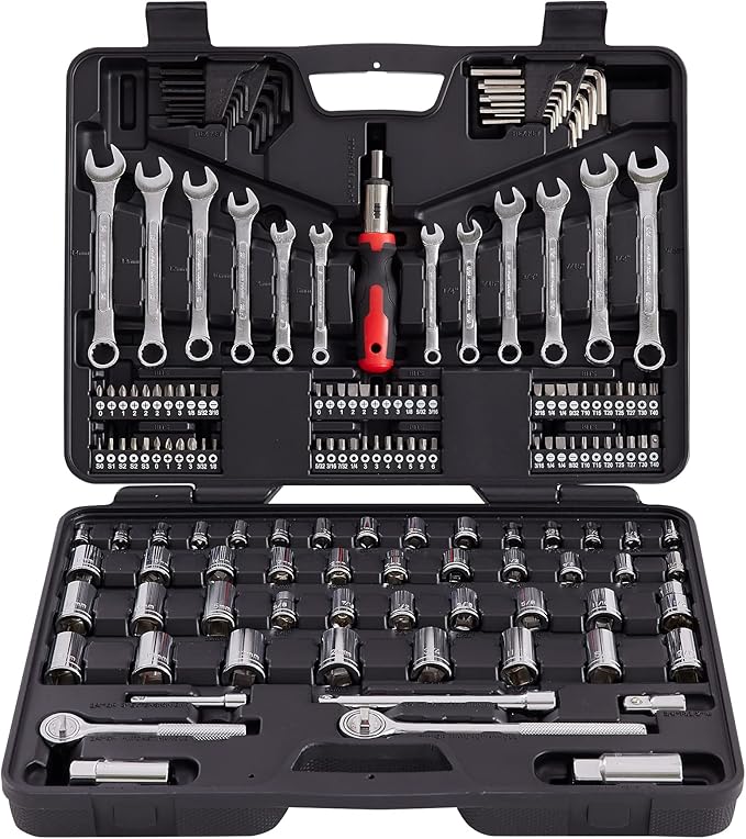 MECHMAX 161-Piece Master Mechanics Tool Set & 1/4", 3/8", 1/2" Drive Socket Kit. Professional Auto Repair Set with Ratcheting Bit Driver, Spark Plug Sockets, Wrenches & Hex Keys for Car, Truck, RV.