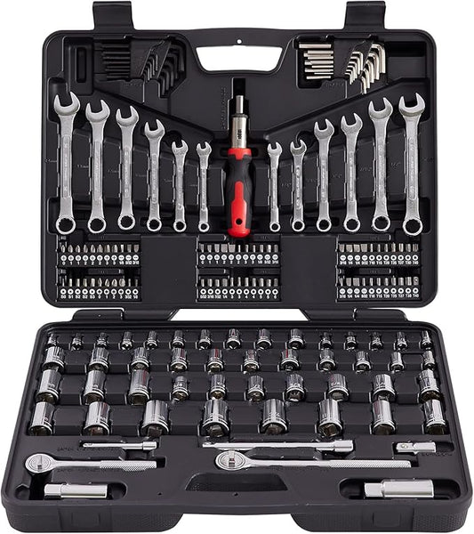 MECHMAX 161-Piece Master Mechanics Tool Set & 1/4", 3/8", 1/2" Drive Socket Kit. Professional Auto Repair Set with Ratcheting Bit Driver, Spark Plug Sockets, Wrenches & Hex Keys for Car, Truck, RV.