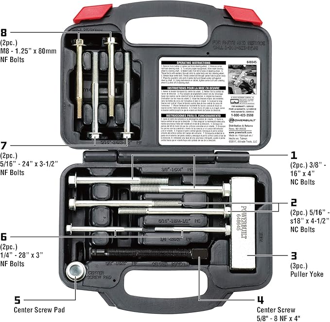 Powerbuilt Heavy Duty Steering Wheel Puller Tool Set, Removes steering wheels with tapped holes, For most domestic and imported vehicles, 14 Pc. with Storage case - 648645