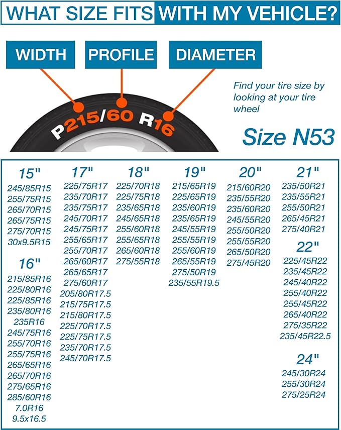 Passenger Vehicle Snow Socks for Tires, N53 - Car Sock Tire Traction Device for Snow, Ultimate Chain Alternative for Cars, SUVs, Pickups & Light Commercial Vehicles, Pack of 2