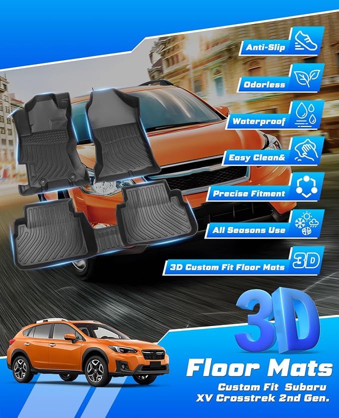 Sunsdrew TPE All Weather Floor Mats, Custom Fit for 2018-2023 Subaru Crosstrek/2017-2023 Impreza, Black, 4 Pc Set | Front Rear Floor Liners Accessories, All Weather Protection, TPE Rubber, Raised Edge
