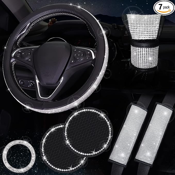 Bling Car Accessories for Women,7 Pack Sparkly Rhinestone Diamond Steering Wheel Cover Set,Bling Seat Belt Cushion,Shift Knob Cover,Push Start Button Accessories,Car Cup Coaster,Silver