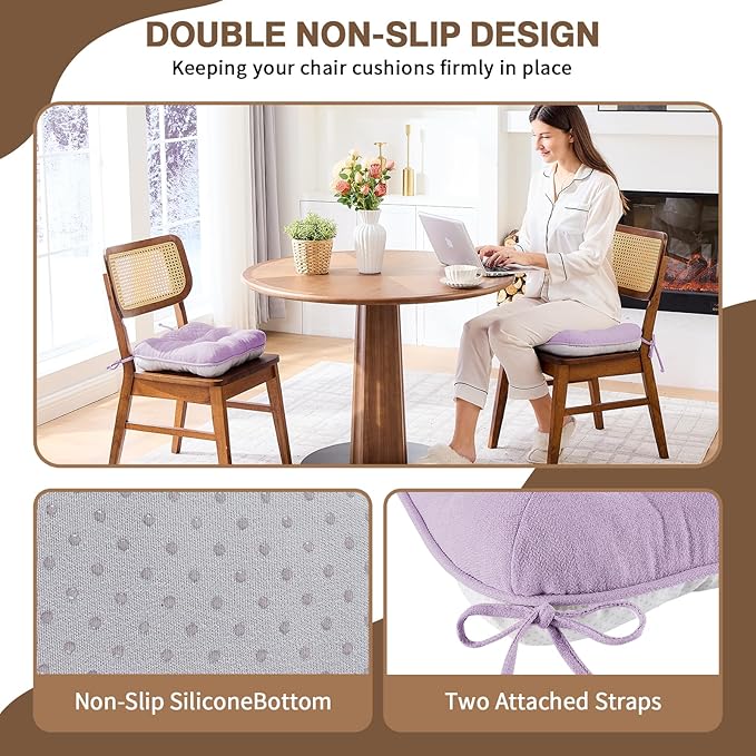 BETU Chair Cushions for Dining Chairs Set of 6,3.5" Thick Kitchen Table Chair Pads with Ties,Non Slip Backing and Covers, Seat Cushion for Dining Room,Bar,Patio Chairs,15.5"X15.5"X3.5",Purple