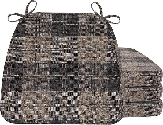 AAAAAcessories D-Shaped Chair Cushions, 2" Thick Dining Chair Pads with Ties and Removable, Machine-Washable Cover, 17" x 16", Set of 4, Brown Checkered