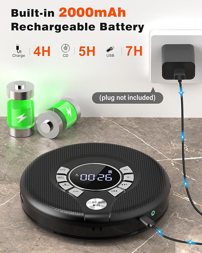 Greadio Portable Bluetooth CD Player with 2000mAh Rechargeable, Personal CD Player for Car with FM Transmitter/AUX, CD Discman Player with Headphone, 120s Anti-Skip, USB Port, Backlight (Black)