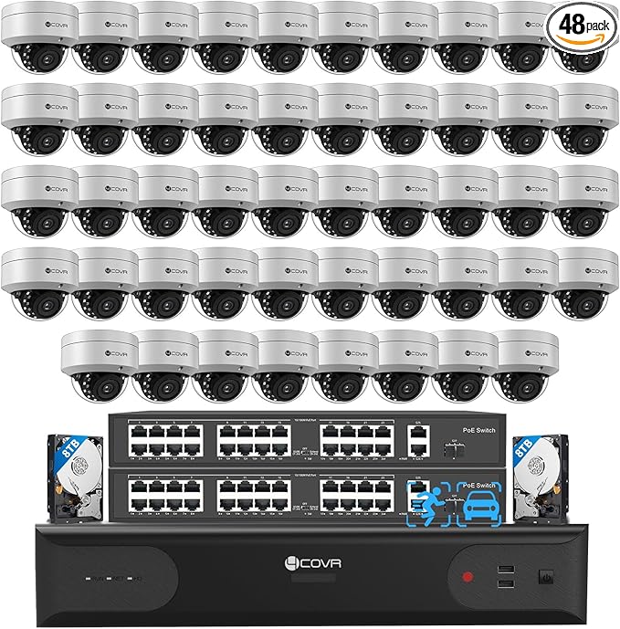 4COVR 64 Channel Security Camera System, Human Vehicle Detection, 48Pcs IK10 Vandal-Proof 8MP Commercial Dome PoE IP Camera IP67 with Mic, 8MP NVR 16TB HDD, 24/7 Business Surveillance, LY54AX8M6448