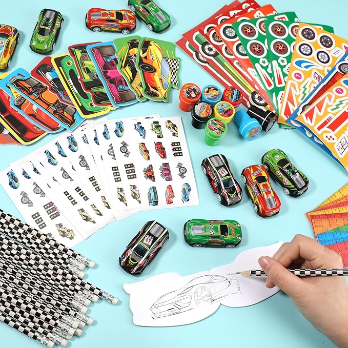 BenLouis 192Pcs Race Car Party Favors Racing Theme School Stationery Set Bulk for Kids Fast Racecar Wheel Birthday Party Goodie Bag Stuffers Classroom Gifts Rewards Pinata Filler