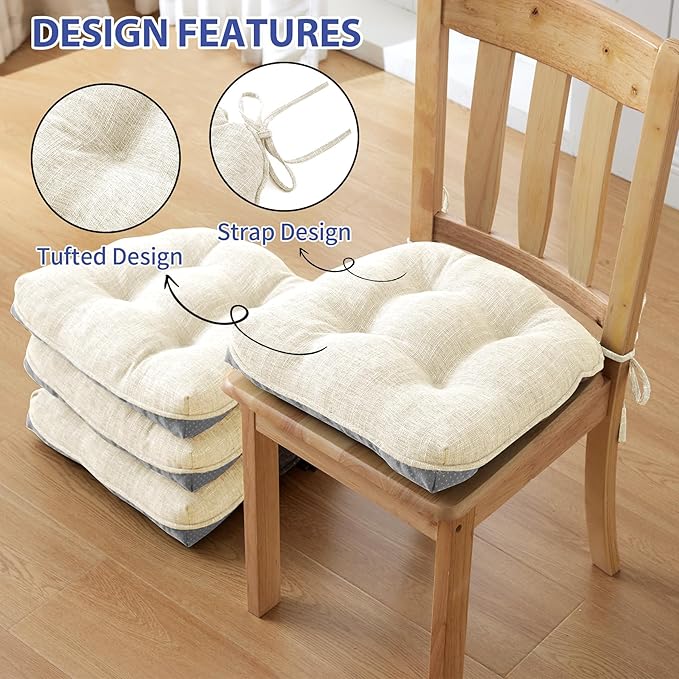 IPYNBAP Chair Cushions for Dining Chairs Set of 4, Kitchen Chair Cushions, Chair Pads with Ties and Non Slip Backing, Tufted Memory Foam Seat Cushion 4 Pack, 15.5" x 15.5" x 4", Cream