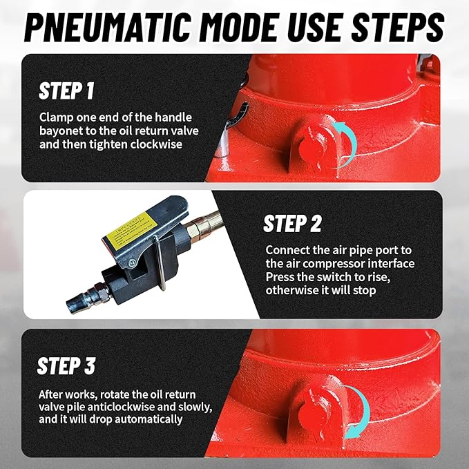 32 Ton Air Hydraulic Bottle Jack with Air-Powered or Manual Operation, One-Piece Hydraulic Cylinder Design, Air Bottle Jack with Independent Air Pump Body and Carry Handle
