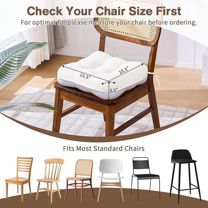 BETU White Chair Cushions for Dining Chairs Set of 4,3.5" Thick Kitchen Table Chair Pads with Ties,Non Slip Backing and Covers, Seat Cushion for Dining Room,Bar,Patio Chairs,15.5"X15.5"X3.5",White
