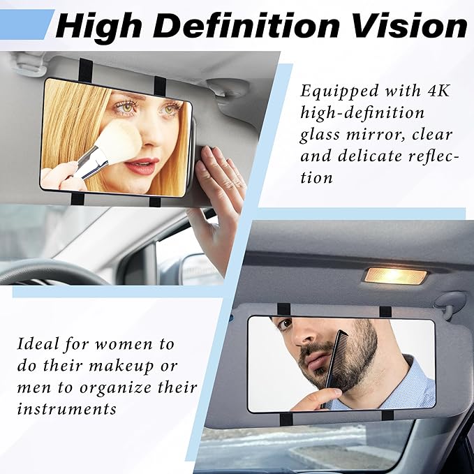 2 PCS Car Sun Visor Mirror, Cosmetic Makeup Mirrors with Straps, HD Car Interior Cosmetic Mirror, Car Accessories Universal Sun Visor Mirrors for Trucks, Cars, SUVs (Black)