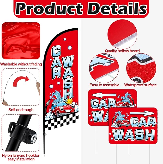 Car Wash Feather Flag Pole Kit Include 7 ft Banner Flag with Poles 5 Pcs Car Wash Sign and 10 Pcs Ground Stake for Outside Business Stores Shops Decoration