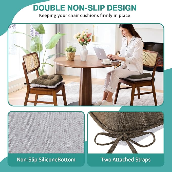 BETU Chair Cushions for Dining Chairs Set of 4,3.5" Thick Kitchen Table Chair Pads with Ties,Non Slip Backing and Covers, Seat Cushion for Dining Room,Bar,Patio Chairs,15.5"X15.5"X3.5",Brown