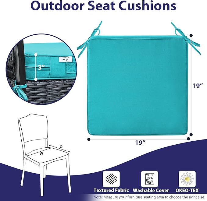 IPYNBAP Outdoor Chair Cushions Set of 4 -Waterproof Outdoor Seat Cushions for Patio Furniture, Patio Chair Cushion with Handle and Ties, Out Door Chair Pads,19x19x3-Square, Teal