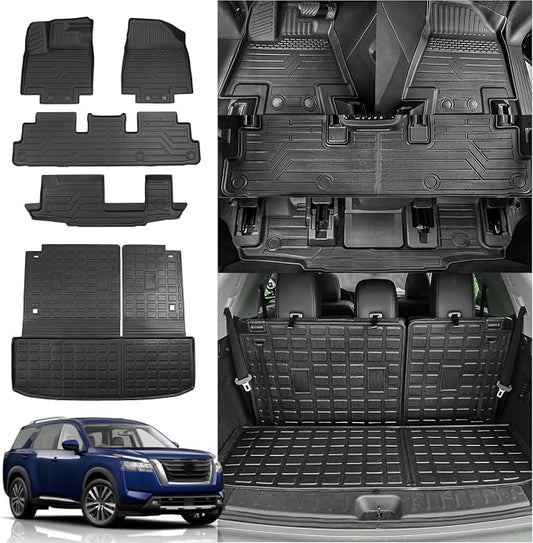 Rongtaod Floor Mats Compatible with 2022-2025 2026 Nissan Pathfinder 7&8 Seats Cargo Liner Cargo Mat Trunk Liner Back Seat Cover 2024 Pathfinder Accessories (Trunk Mat with Backrest Mat+Floor Mats)