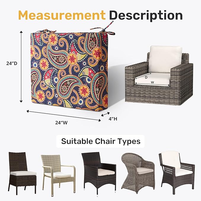UNIKOME Outdoor Chair Cushions Pack of 4, Water Resistant Patio Cushions with Ties, High Density Sponge Filling Square Corner Seat Cushions for Outdoor Furniture, 24"*24"*4", Palmira Paisley