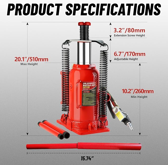 20 Ton Air Hydraulic Bottle Jack with Air-Powered or Manual Operation, One-Piece Hydraulic Cylinder Design, Air Bottle Jack with Carry Handle for Pickup Trucks, Commercial Vehicles, and Farm Equipment
