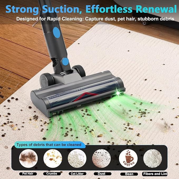 Cordless Stick Vacuum Cleaner: 45kPa Powerful Suction & 60Min Runtime, Self-Standing with Green Light & Anti-Tangle Brush, Rechargeable Lightweight Vacuum for Home Pet Hair on Carpets and Hard Floors