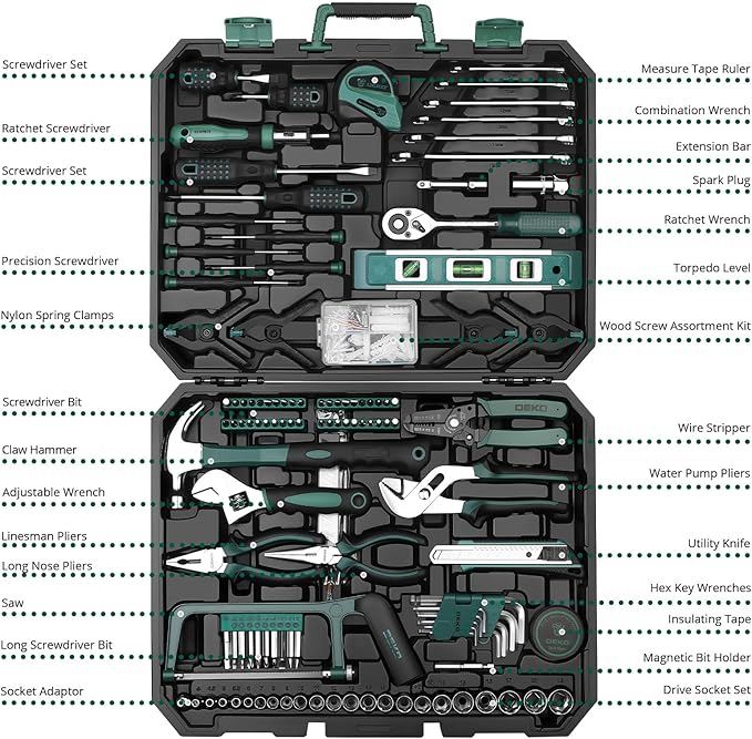 DEKOPRO Tool Set: 228 Piece Home Tool Kit, Household Basic Repair Tool Set Comes with Storage ToolBox, Socket Wrench Set for Car, Hand Tool Box Set for Home - Green