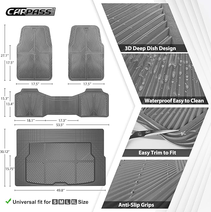 CAR PASS Gray Rubber Floor Mats&Cargo Liner,Waterproof Truck Mats Heavy Duty,All Weather Trim-to-Fit Automotive Mat for Car Truck SUV,Anti-Slip Easy Clean Durable,Full Set 5-Piece,3D Emboss All Grey