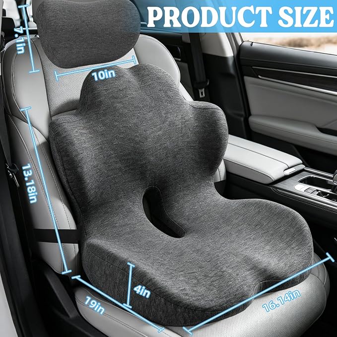 3-in-1 Memory Foam Seat Cushion & Headrest Pillow with Lumbar Support L-Shaped Ergonomic Driver Seat Cushions Design for Sciatica and Tailbone Pain Relief Comfort for Car,Truck,Chair