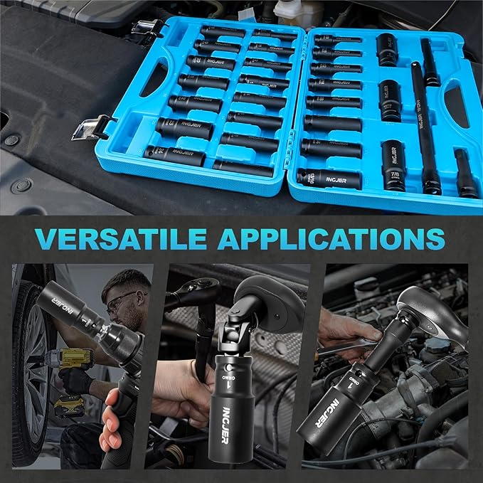 1/2" 29PCS Impact Socket Set, Mechanic Tool Set,SAE (3/8"-1") & Metric (10-24mm), Standard & Deep Sockets with Extension Bars. CR-MO Steel, High Torque, Ideal for Truck Bearing Locknut.