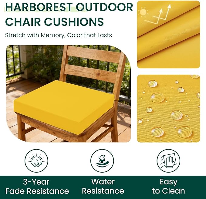HARBOREST Outdoor Chair Cushions Set of 4, Water Resistant Patio Chair Cushions with Ties, Square Corner Outdoor Seat Cushions for Patio Furniture, 18.5"x16"x3", Yellow