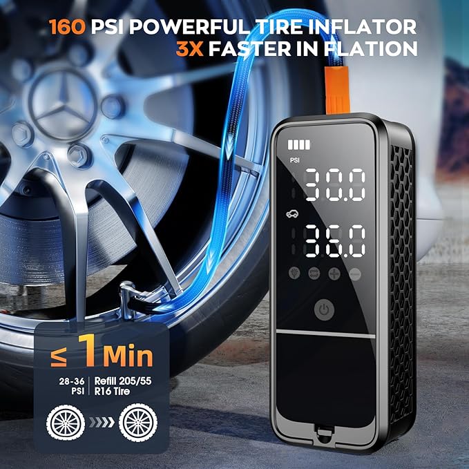 160PSI Tire Inflator Portable Air Compressor, 6000mAh Air Pump for Car Tires Cordless Bike Pump with LED Light&Auto Shut-Off Function Portable Tire Inflator for Car, Motorcycle, Bicycle, Ball