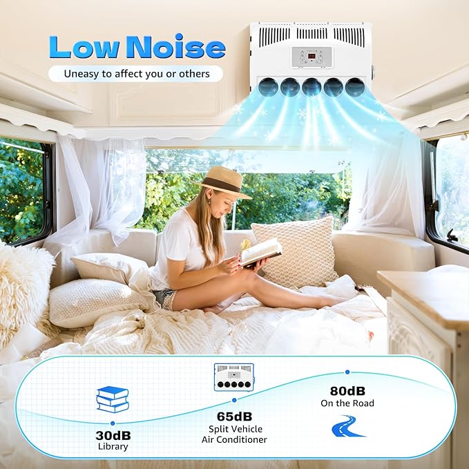 12V 11000 BTU Split Truck Cab Air Conditioner, Heavy Duty AC Unit with Remote Control for Semi Trucks, Buses, RVs, Caravans, Commercial Vehicles – 400-600W, R134A, Red/White